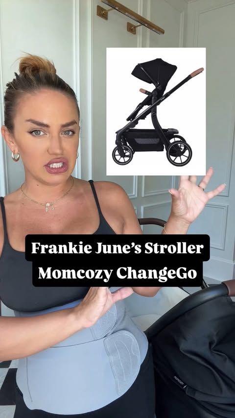 Instagram post by @lorenrosko for Momcozy. Caption reads: [...] EVER need! 🤯 Up to 23 ways to stroll!....