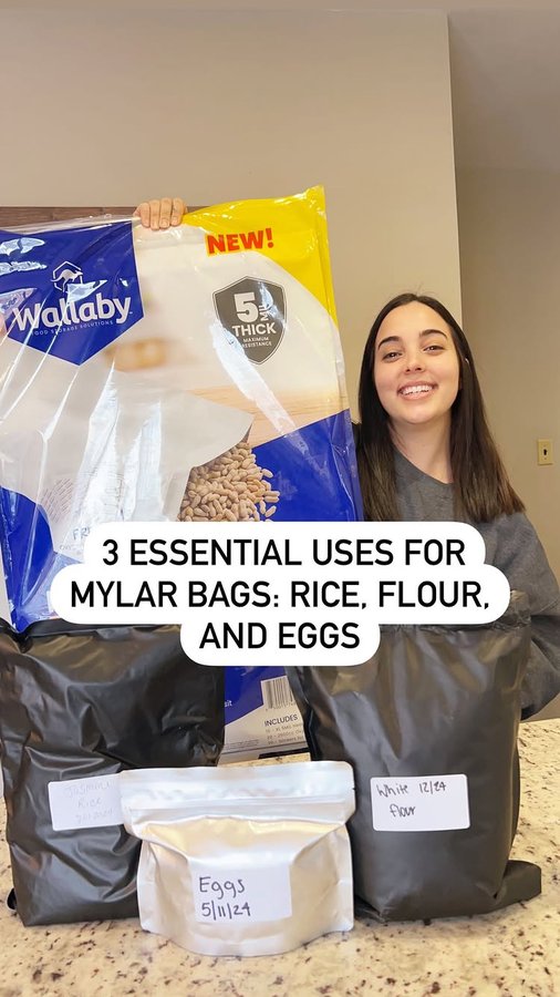 Instagram post by @cara.annejones for Wallaby Goods. Caption reads: 3 Advanced Mylar Bag Storage Tips: Rice, Flour, &....