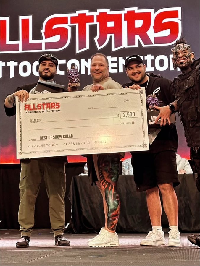 Instagram post by @theallstarstattooconvention for World Famous Tattoo Ink. Caption reads: Art Fusion Project – Best of Show 🥇 ✨

We are....