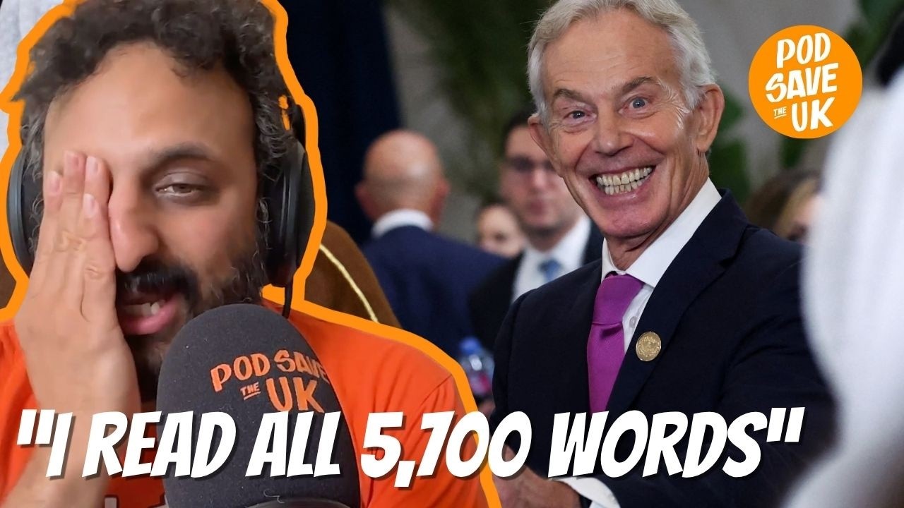 YouTube post by @PodSavetheUK for Wise. Caption reads: Nish loses it at Tony Blair.