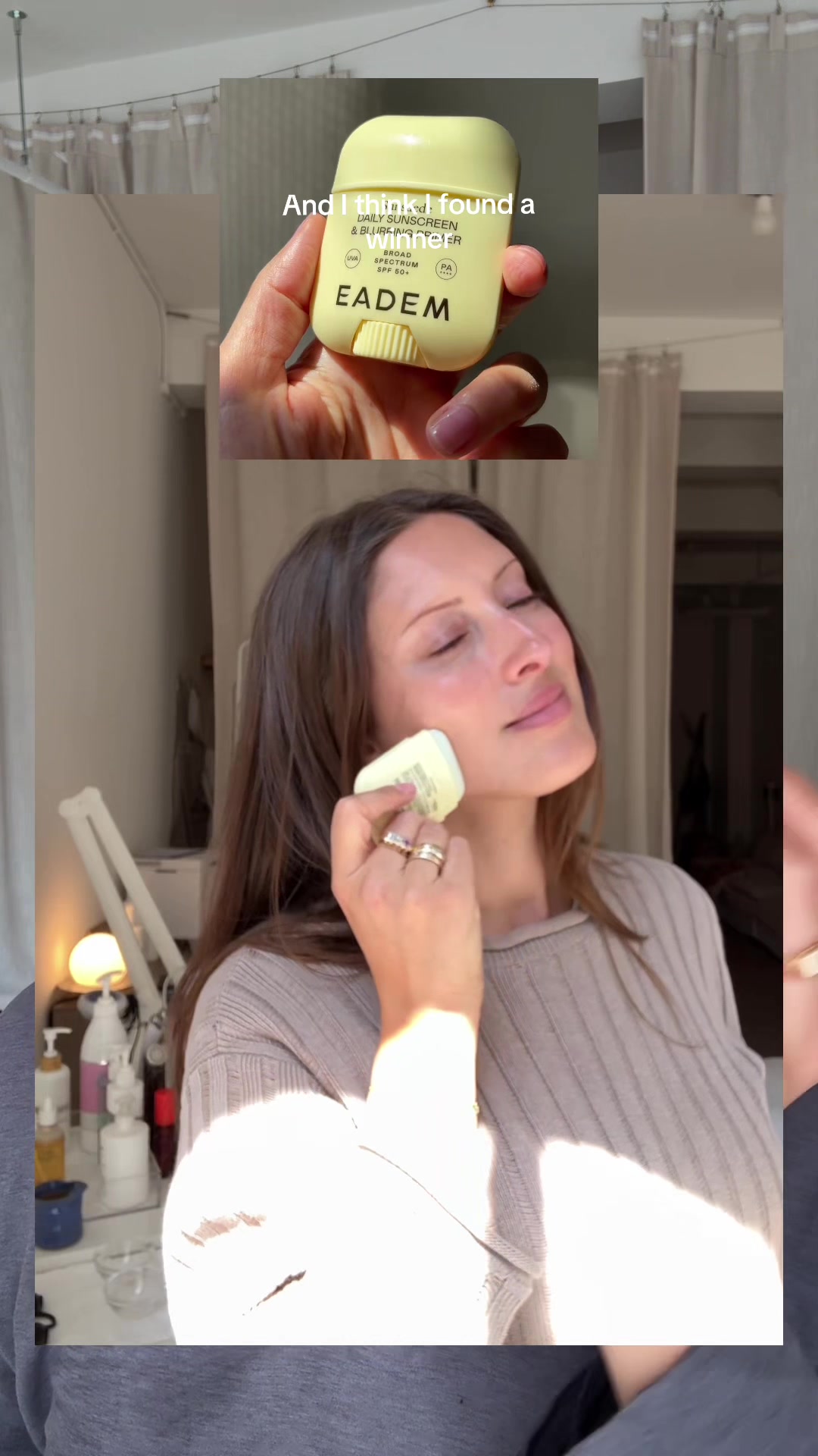 TikTok post by @skinbygill for Eadem. Caption reads: [...] it makes reapplying sunscreen so easy!....