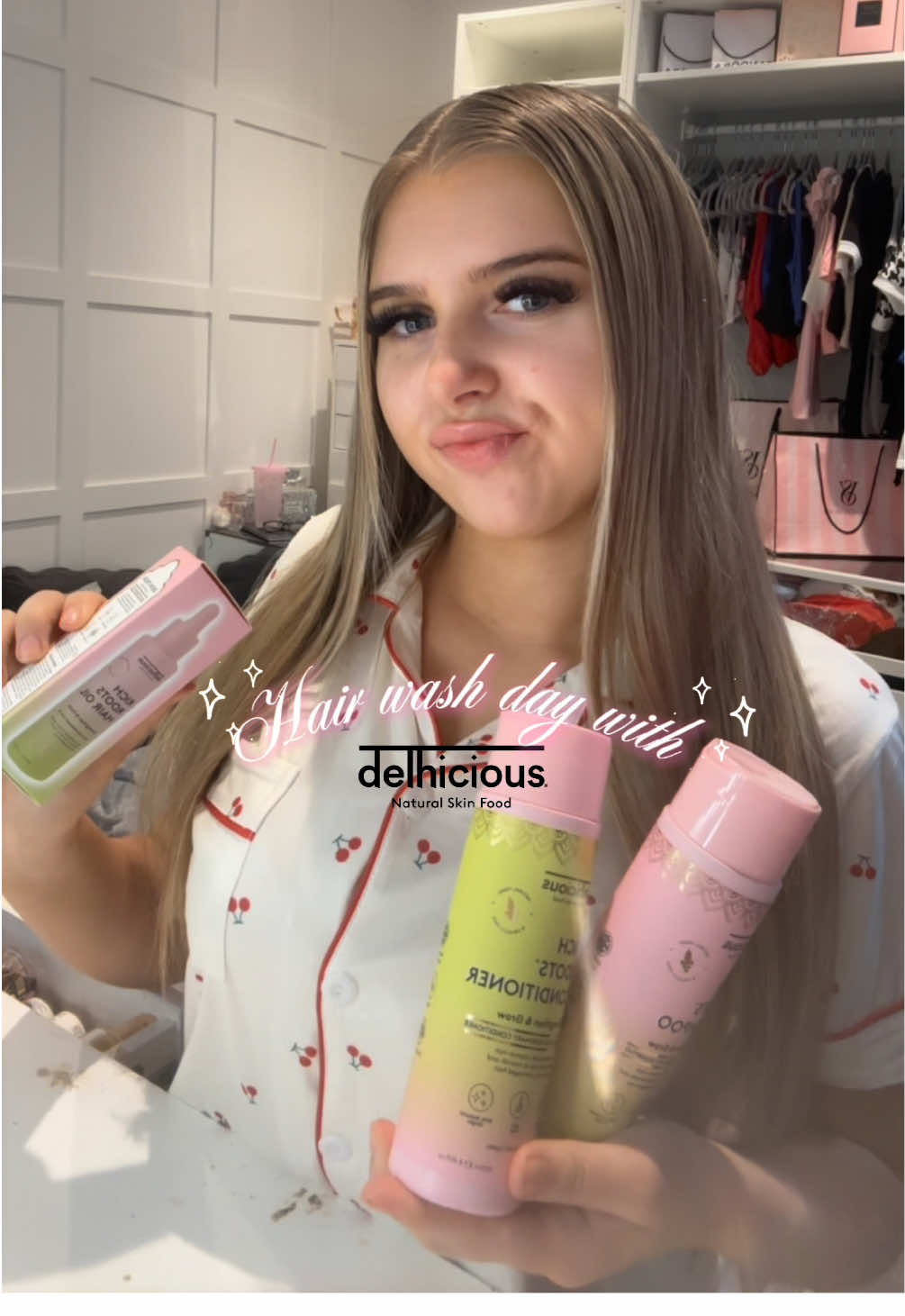 TikTok post by @ellaxxlouisex for Delhicious Body. Caption reads: Hair wash day with @Delhicious ✨ #hairwash #hair....