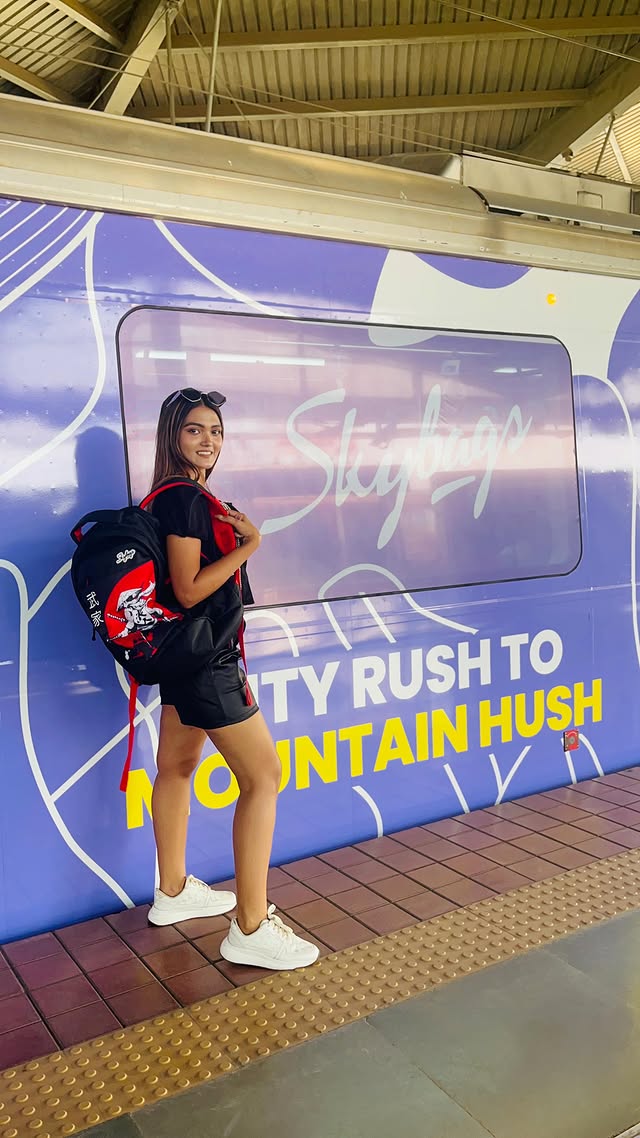 Instagram post by @aish_oishe for Skybags. Caption reads: Riding the metro with my Skybags twin! 🚇✨....