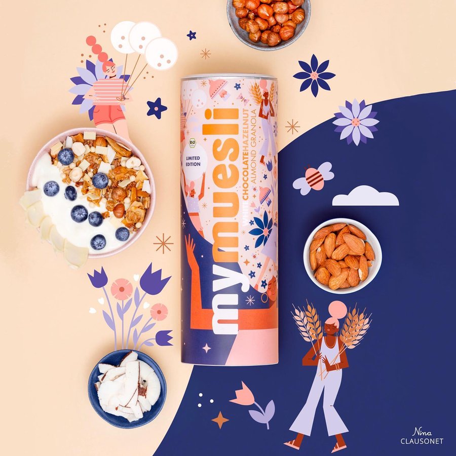 Instagram post by @nina.clausonet for mymuesli. Caption reads: Ad 🌸 @mymuesli x Nina Clausonet 🌸 Final reveal....