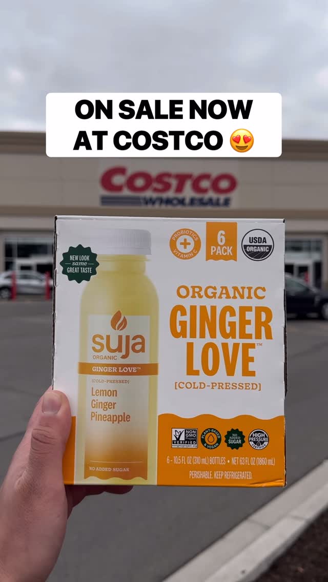 Instagram post by @costcobuys for Suja Organic. Caption reads: 🤩 SAVE $4 on @sujaorganic Ginger Love™ at Costco....