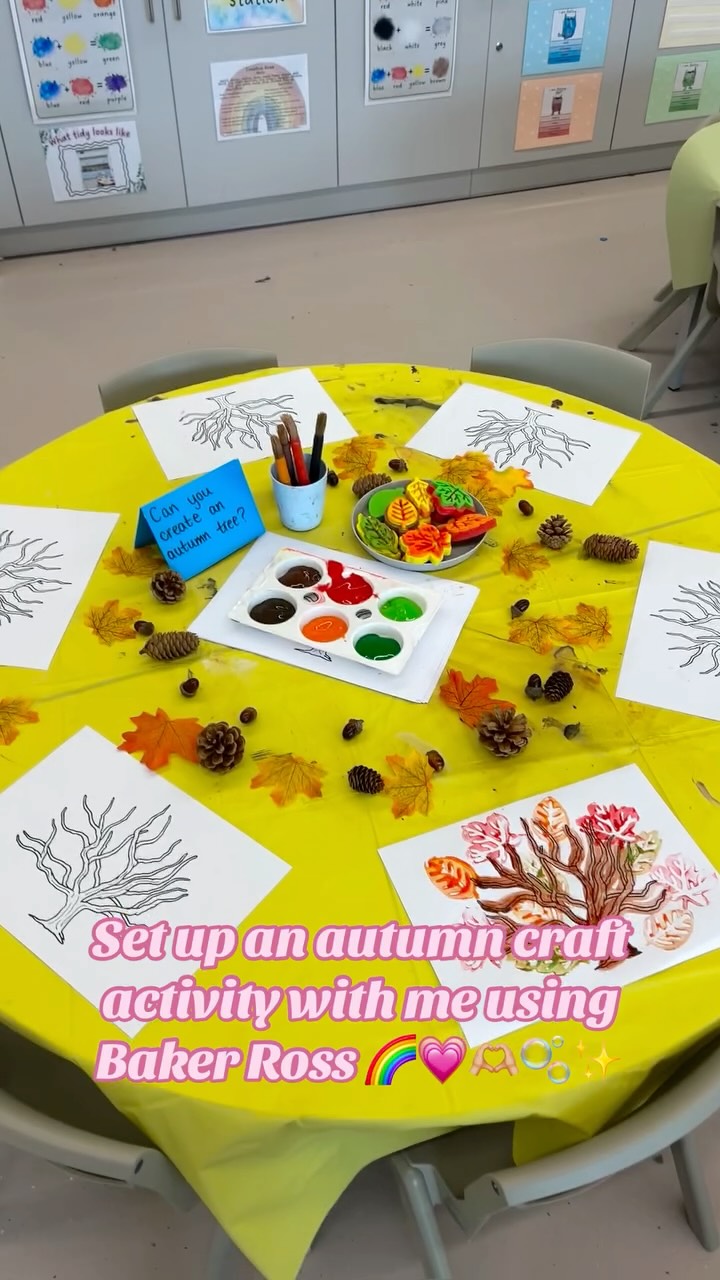 Instagram post by @misslucas.eyfs for Baker Ross. Caption reads: Set up an autumn craft with me using @bakerross |....