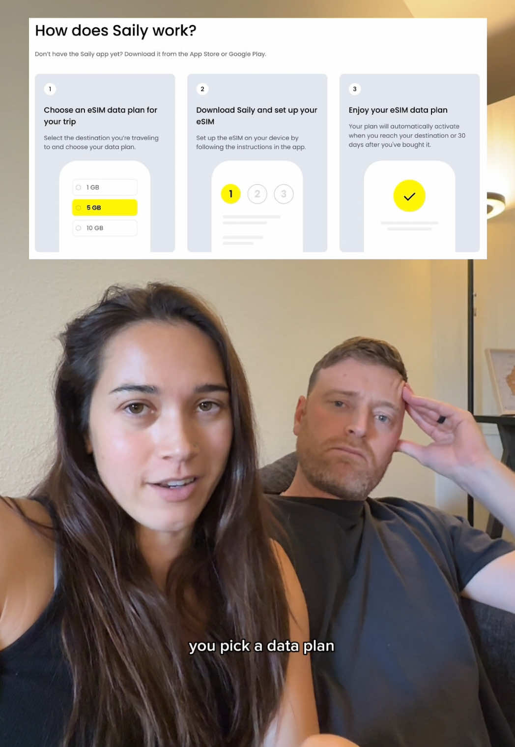TikTok post by @tayandalexx for Saily. Caption reads: From now on, we’re using @Saily for our travels.....