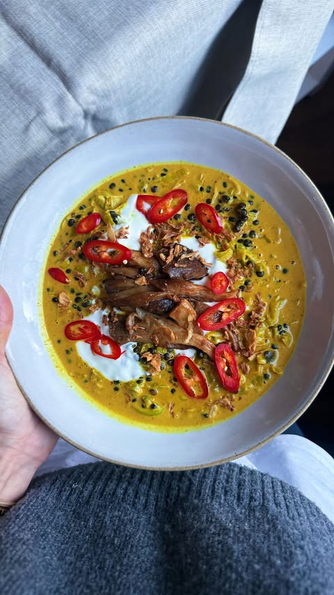Instagram post by @georgiahughesfood for Merchant Gourmet. Caption reads: coconut lentils recipe & red miso mushrooms 🥥 ad....