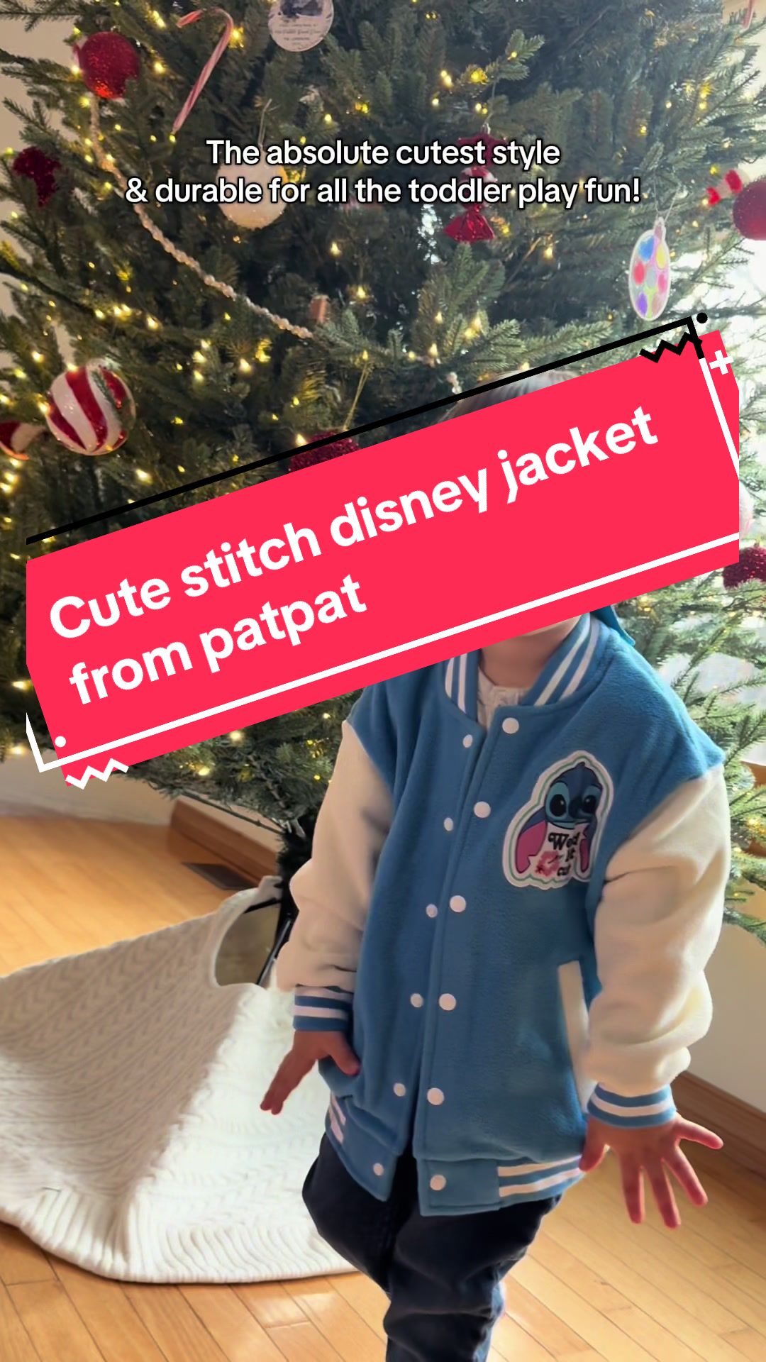 TikTok post by @ashleylendrum for PatPat. Caption reads: [...] @Disney stitch jacket from @PatPat Official....