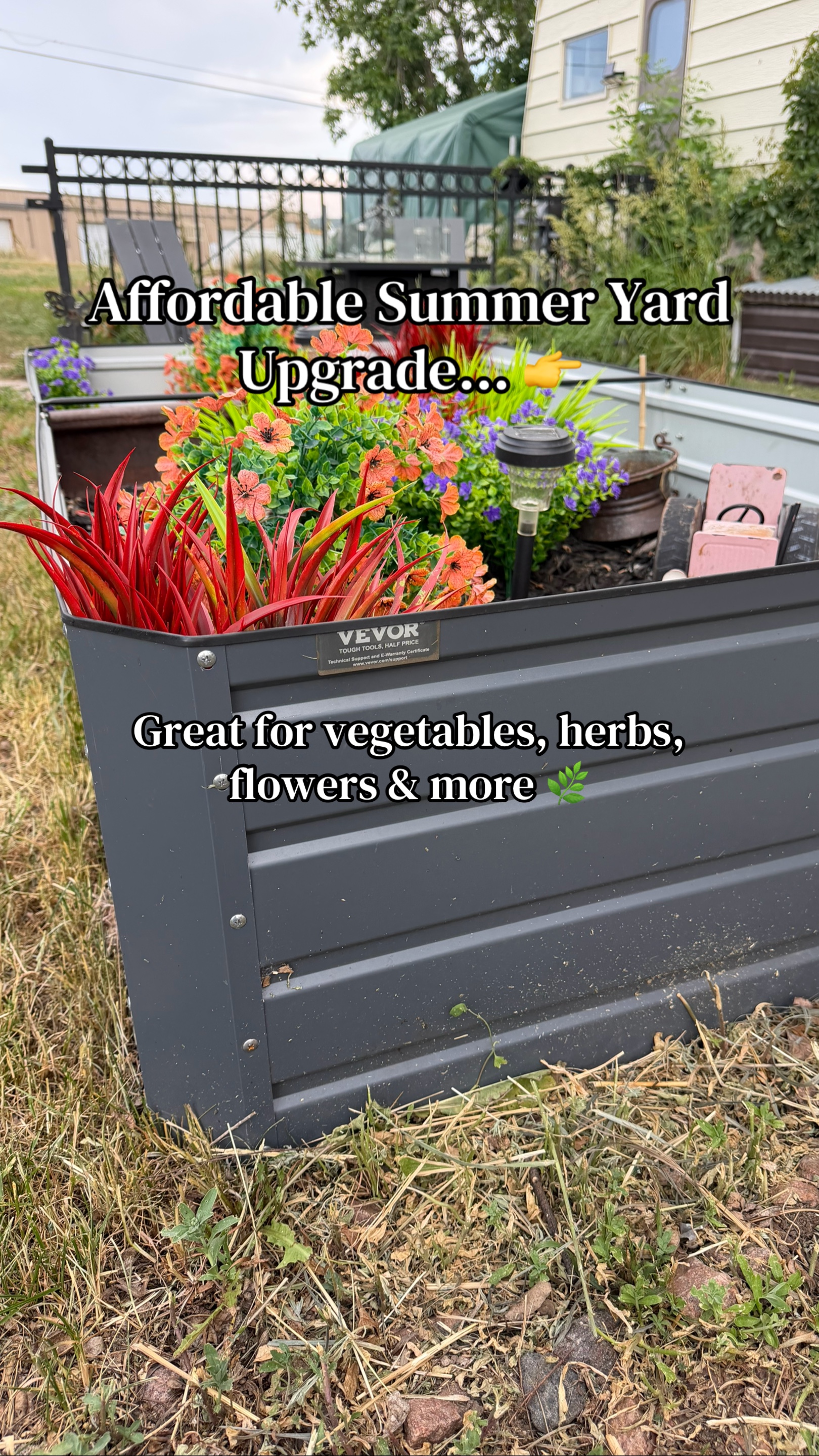 TikTok post by an influencer for VEVOR US. Caption reads: Thinking about starting a garden this year? 🌱 I....