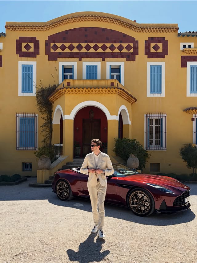 Instagram post by @enzopaper for Aston Martin. Caption reads: [...] a DB12 S, and the sun of Provence ☀️....