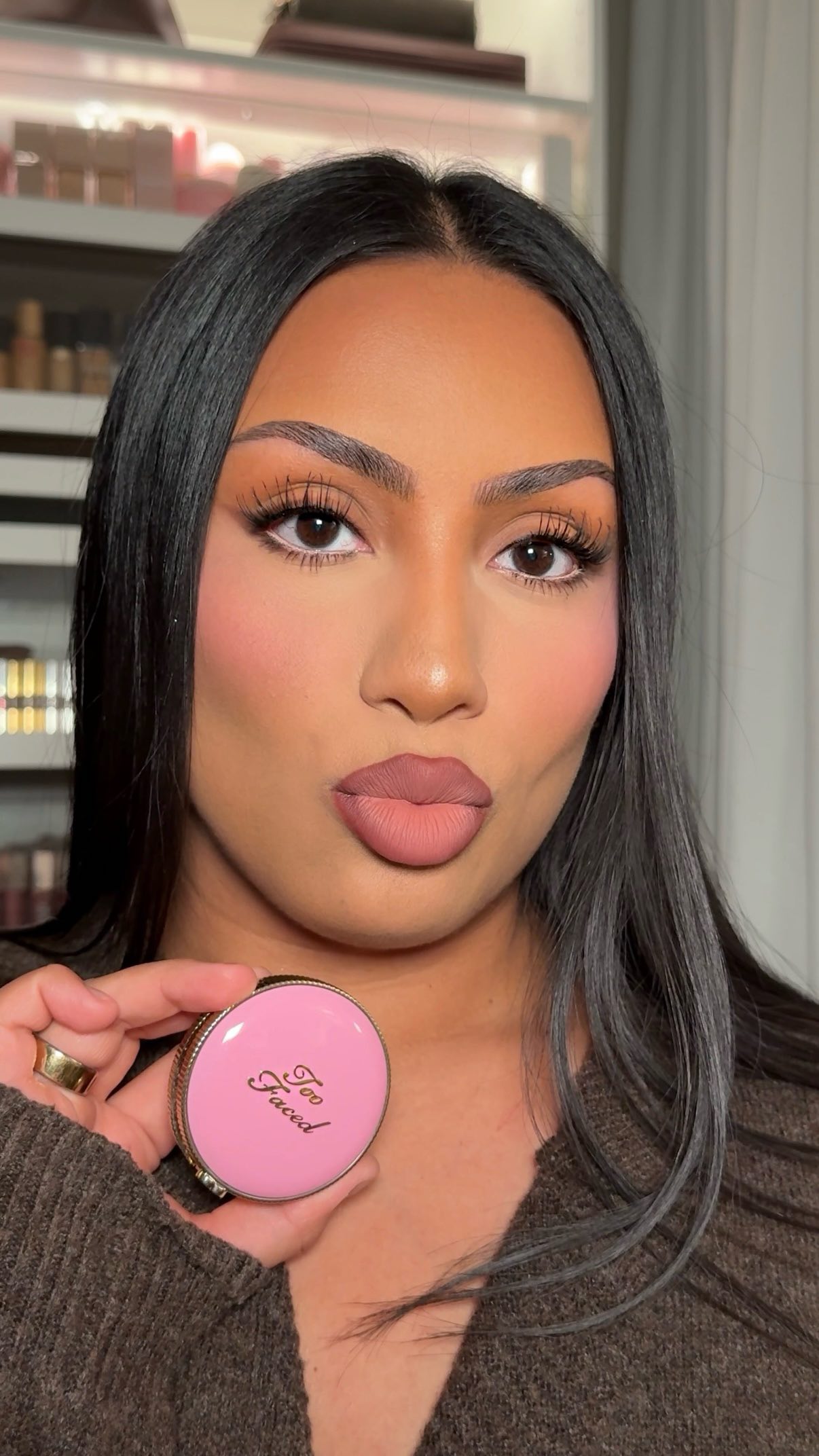 Instagram post by @elizmmakeup for Too Faced. Caption reads: let’s add a cool tone baby pink blush to this....