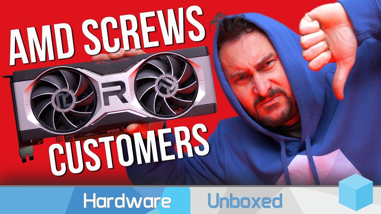 YouTube post by @Hardwareunboxed for NVIDIA. Caption reads: AMD Throws Loyal Radeon Customers Into The Trash.