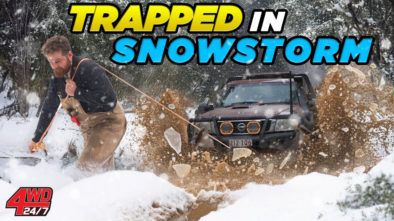 YouTube post by @4WD247 for Dometic. Caption reads: SNAPPED STEERING IN BLIZZARD - 4 days Stuck in 2M+....