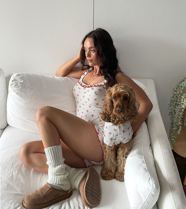 Instagram post by @ashleymescia for Cotton On Body. Caption reads: slow mornings with ru 🥞🌷🫶🏼☕️ 🎀 
 matching pjs....