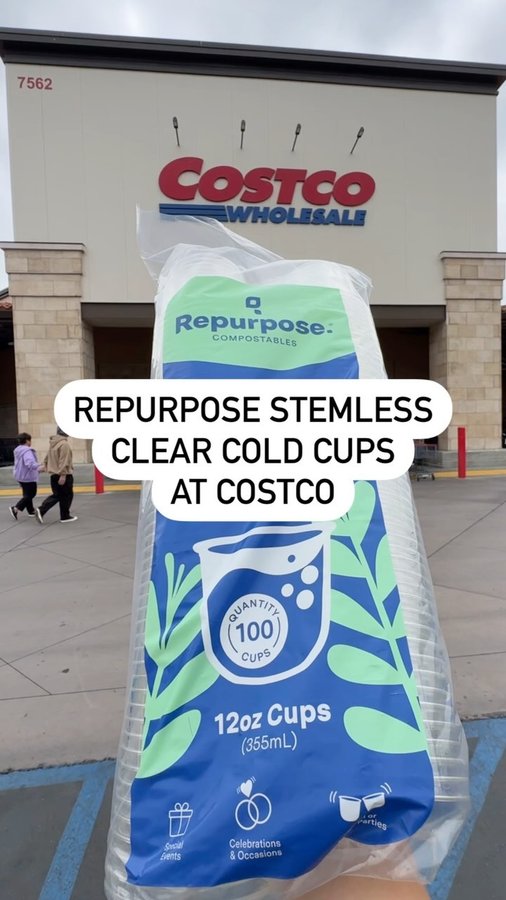 Instagram post by @costco.love for Repurpose. Caption reads: [...] stemless clear cold cups from @repurpose....