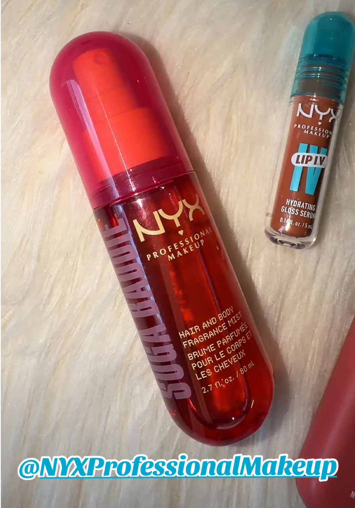 TikTok post by @esmelda05vargas for NYX Professional Makeup HR. Caption reads: [NEW] Suga Baddie Fat Oil Hair & Body Fragrance....
