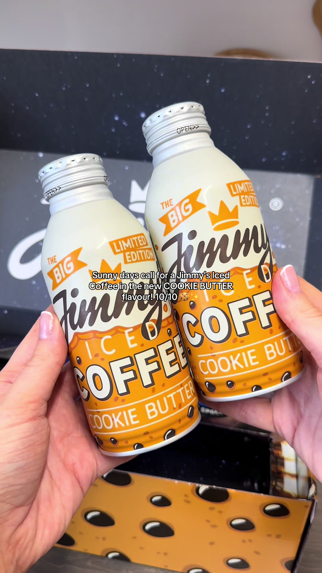 TikTok post by @rheagrist for Jimmy's Iced Coffee. Caption reads: [...] Jimmy’s themselves! 🍪 #icedcoffee....