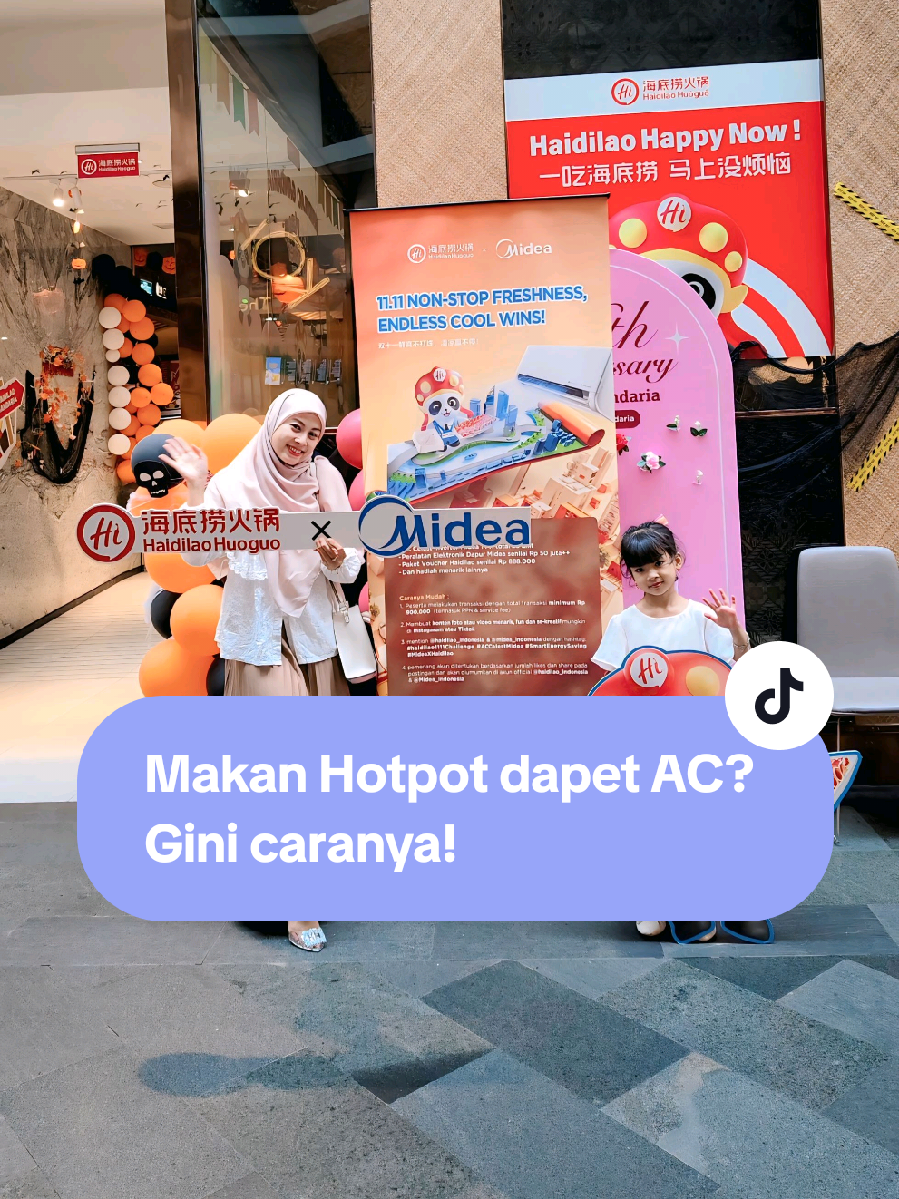 TikTok post by @cerita.aflah for Midea. Caption reads: [...] sejuk & nyaman di Haidilao karna ada Midea....
