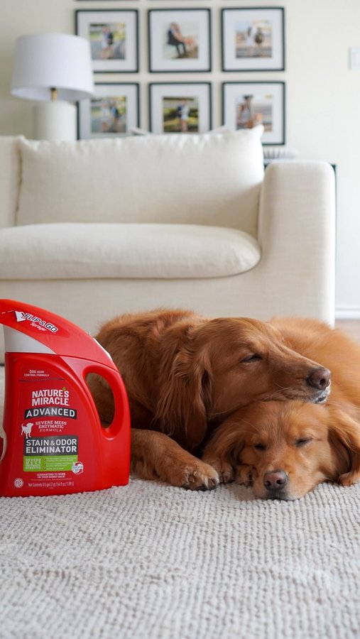 Instagram post by @winniethegoldenpupper for Nature's Miracle. Caption reads: [...] but luckily we’re stocked with....