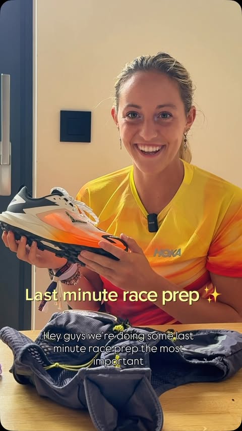Instagram post by @ellaneym for HOKA. Caption reads: [...] glam up pre-race ✨ . . . Presented by @hoka.