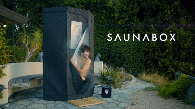 Instagram post by @dannypollack_ for SAUNABOX. Caption reads: @saunabox new commercial and new favorite thing....
