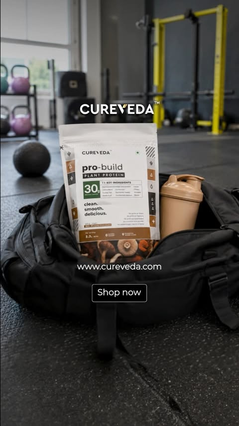 Instagram post by @informalwithridhansh for Cureveda Remedies. Caption reads: “Mushrooms in a protein shake?!” 🍄👀 We caught up....