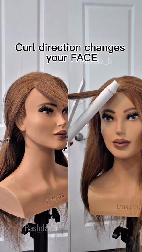 Instagram post by @rashda_b for T3 Micro. Caption reads: Curl direction changes your whole face! 😱 AWAY =....