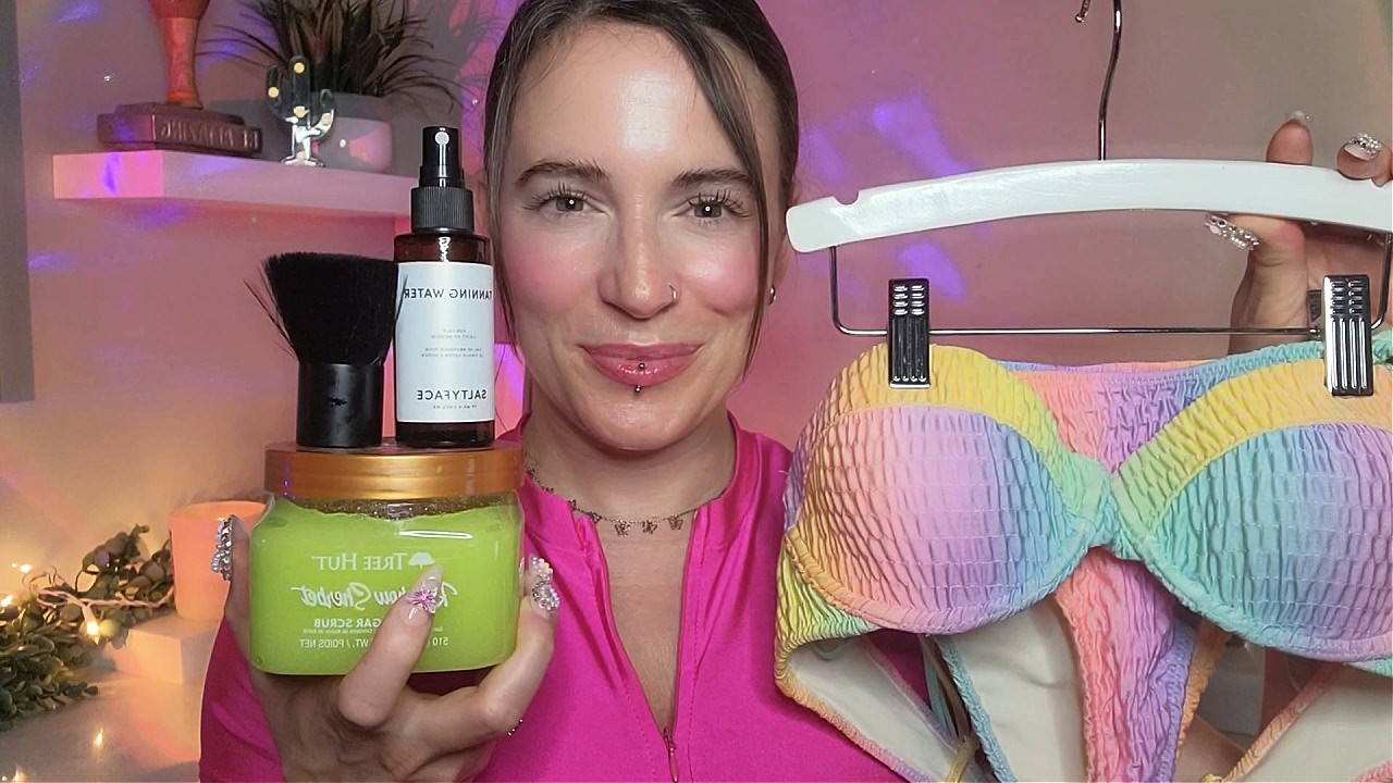 YouTube post by @MeSheASMR for Triangl. Caption reads: ASMR - Bikini 👙 Store Roleplay & Self Tanner....