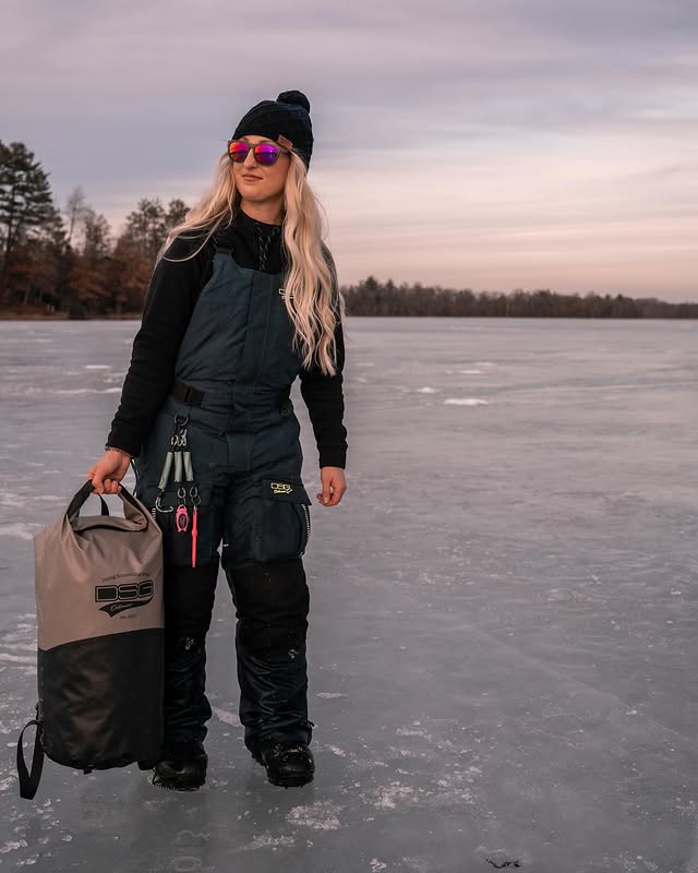 Instagram post by @kastingwithkayla for DSG Outerwear. Caption reads: Are you still packing all your gear to go ice....