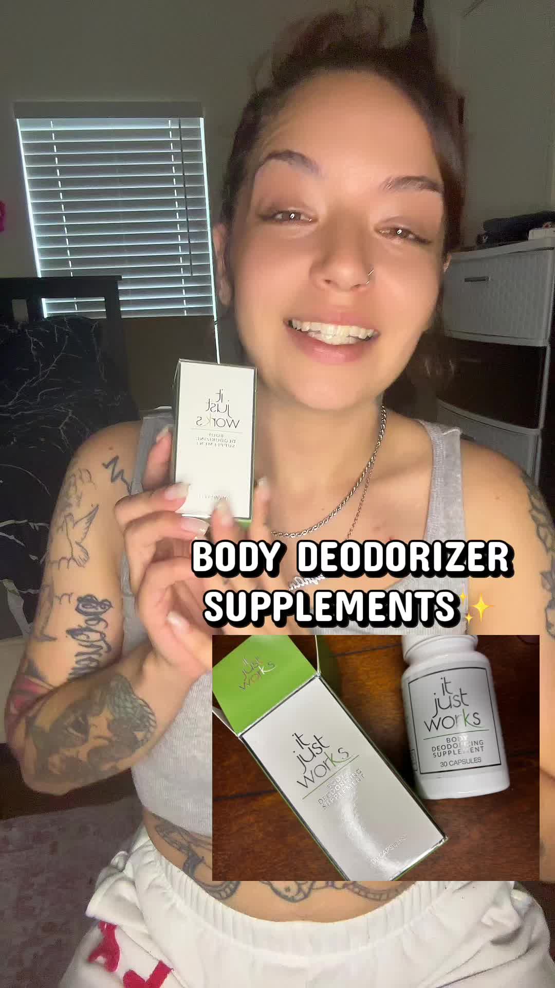 TikTok post by @so.inky for It Just Works!. Caption reads: [...] deodorizer supplements ✨🤍 #bodyodor....