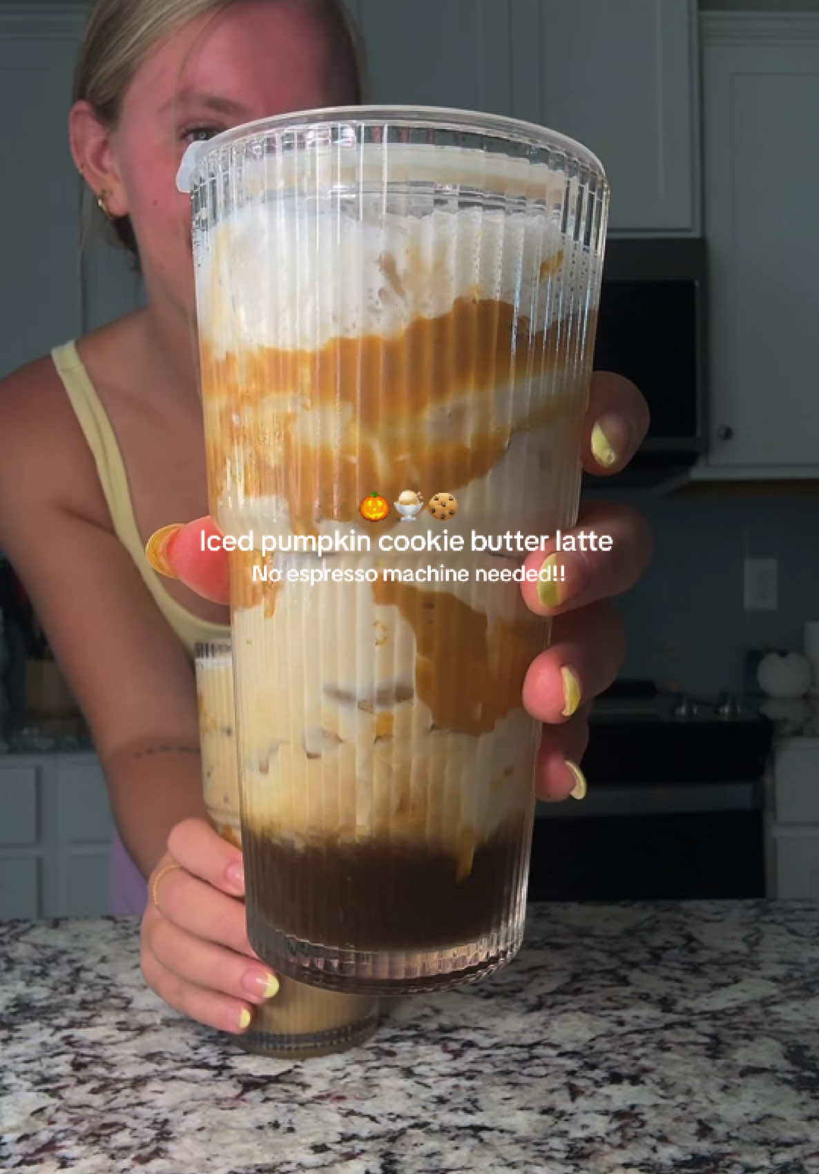 TikTok post by @kceastlanddd for Chobani. Caption reads: Iced pumpkin cookie butter latte pls!! This fall....