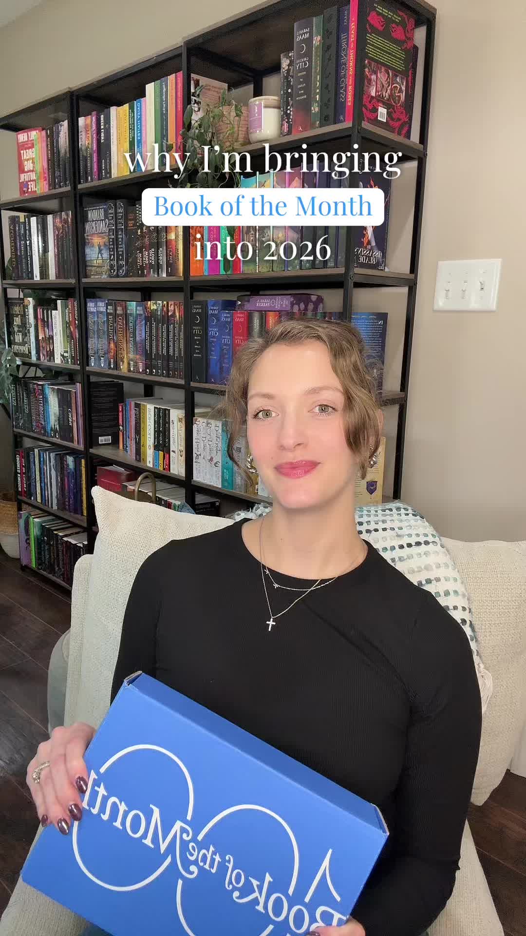 TikTok post by @emmahalbrook for BookoftheMonth. Caption reads: [...] bringing @Book of the Month into 2026 🪩📖....