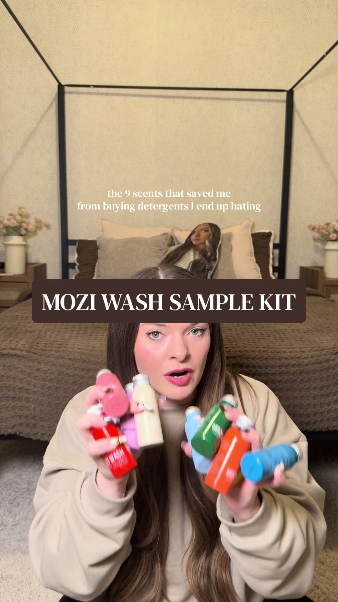 TikTok post by @itslivvickers for Mozi Wash. Caption reads: [...] first? 🧺✨ scent descriptions below ⬇️ @Mozi....