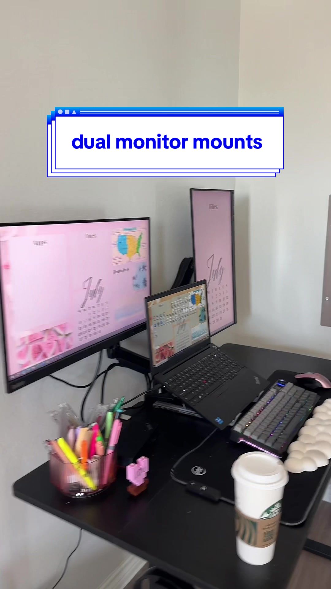 TikTok post by @eva.slzr for HUANUO. Caption reads: @HUANUO - dual monitor mounts are a game [...].