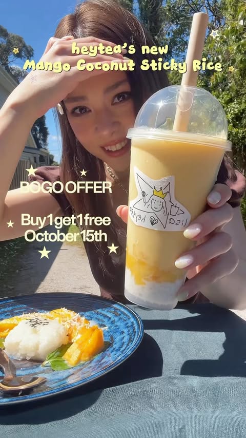 Instagram post by @mellowshy for HEYTEA. Caption reads: [...] new Mango Coconut Sticky Rice drink at....