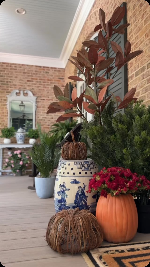 Instagram post by @oursouthernhome for Nearly Natural. Caption reads: [...] peek at my new faux fall plants from....