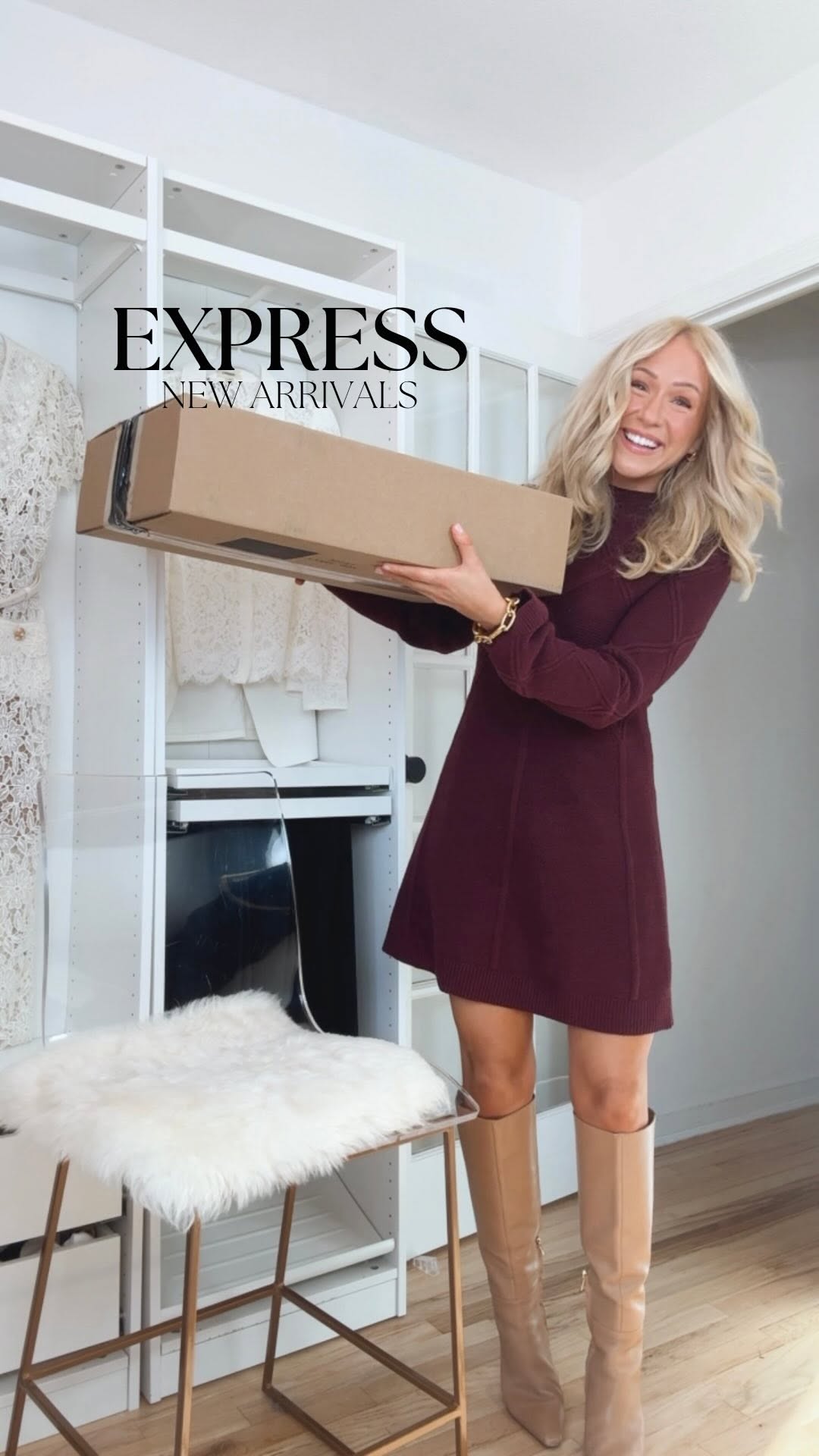 Instagram post by @treatingthestreetslikearunway for Express. Caption reads: #ad Did someone say new arrivals just dropped....