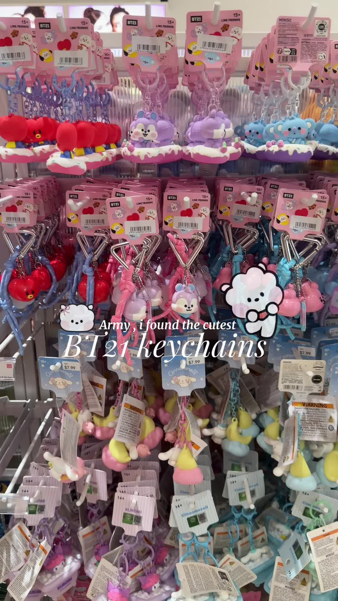 TikTok post by @bbych3rrymari for MINISO United States. Caption reads: [...] they have cute bt21 keychains at @MINISO....