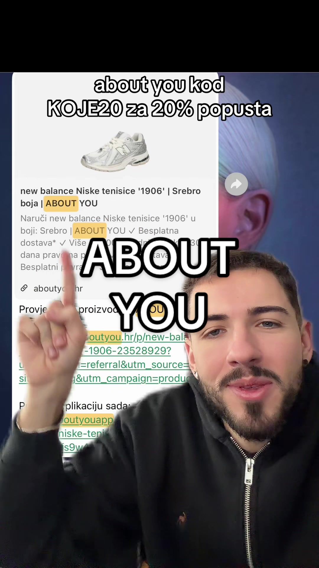 TikTok post by @ko.je.niko for ABOUT YOU. Caption reads: imate kod za @ABOUT YOU official KOJE20 za popust....