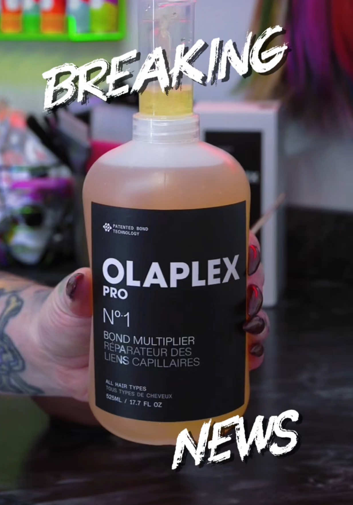 TikTok post by @cryistalchaos for OLAPLEX. Caption reads: [...] stylists!! We can finally buy @Olaplex No.1....