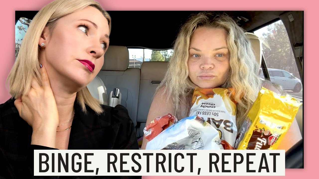 YouTube post by @AbbeysKitchen for Immieats. Caption reads: Dietitian Reacts to Trisha Paytas’ Binge Eating....