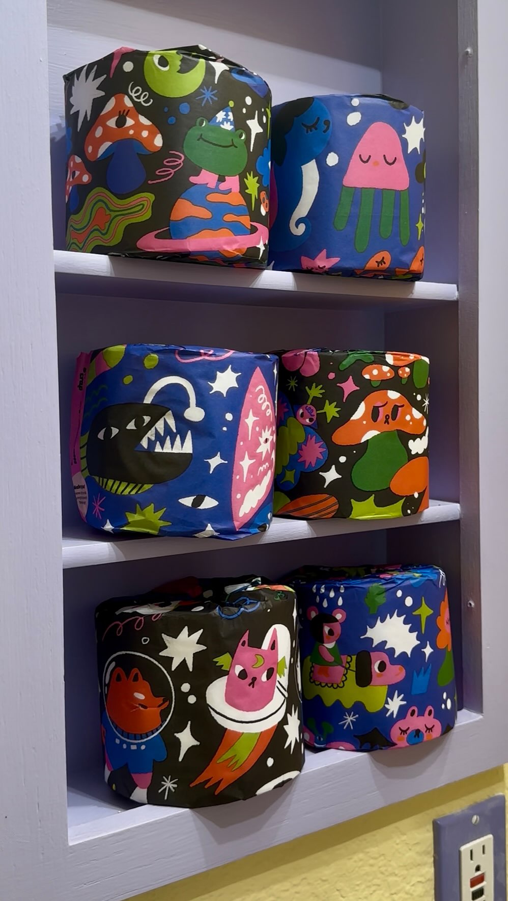 Instagram post by @kaarinjoy for Who Gives A Crap. Caption reads: Let’s set up glow in the dark toilet paper from....