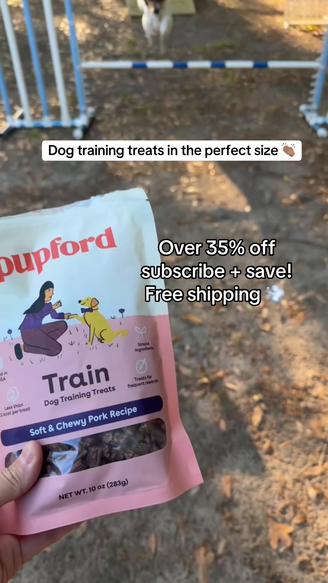TikTok post by @finleyandjosie for Pupford. Caption reads: @Pupford has minimal ingredient treats your dogs....