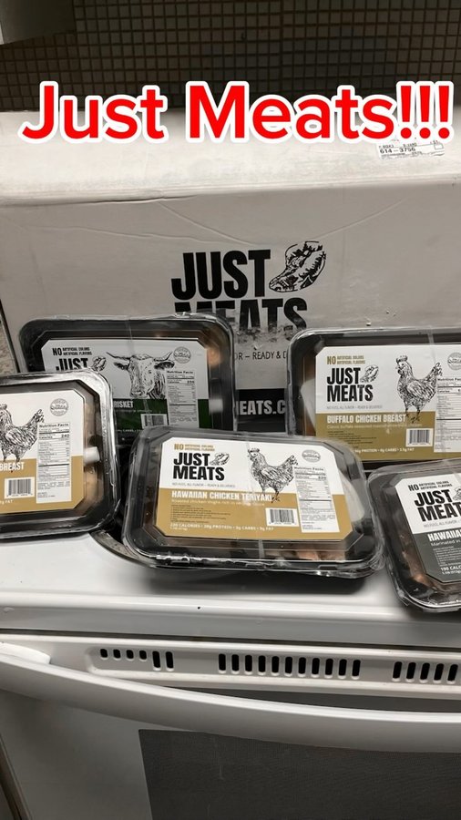 Instagram post by @cutebabiesviral for Just Meats. Caption reads: Yay just received my delicious meat box from....