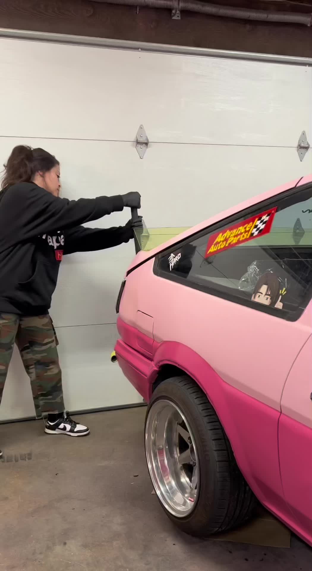 TikTok post by @stephaniedrifts for Advance Auto Parts. Caption reads: Finally replaced my calipers on my ae86 because....