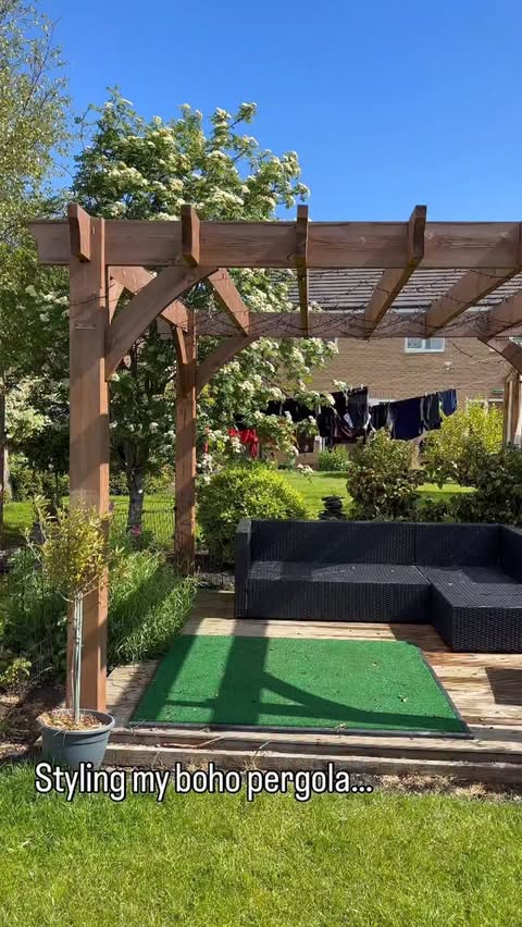 Instagram post by @the_vale_home for rucomfy beanbags. Caption reads: Ad l styling my boho pergola with @rucomfy So I....