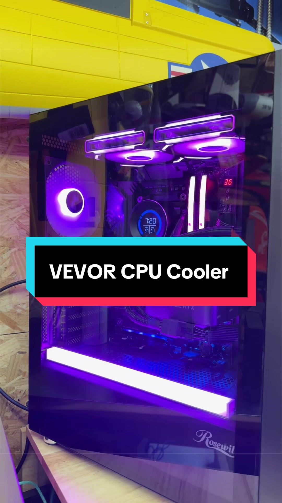 TikTok post by @hardwick_606 for VEVOR US. Caption reads: #cpucooler #pcgaming #gaming #vevor #summerfinds....