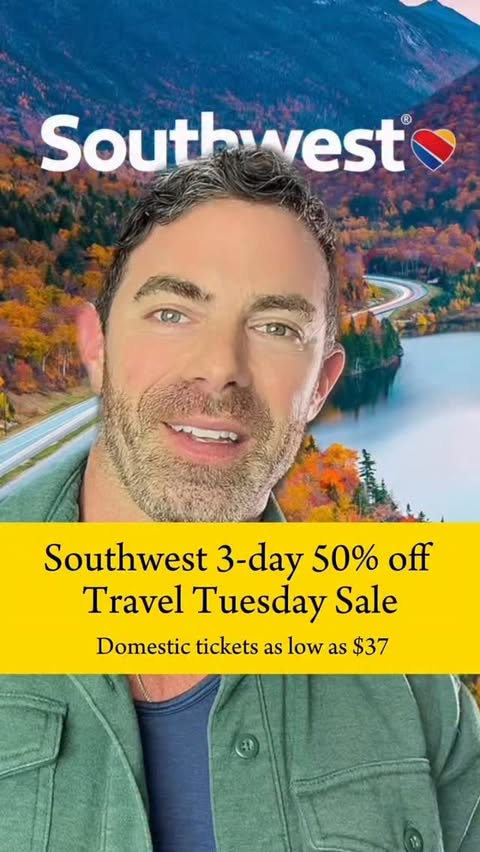 Instagram post by @traveldaddydave for Southwest Airlines. Caption reads: Southwest is having a 3day 50% Travel Tuesday....