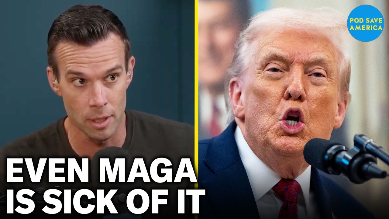 YouTube post by @podsaveamerica for SimpliSafe. Caption reads: Even MAGA Is FED UP With Trump's DERANGED Bullsh*t.